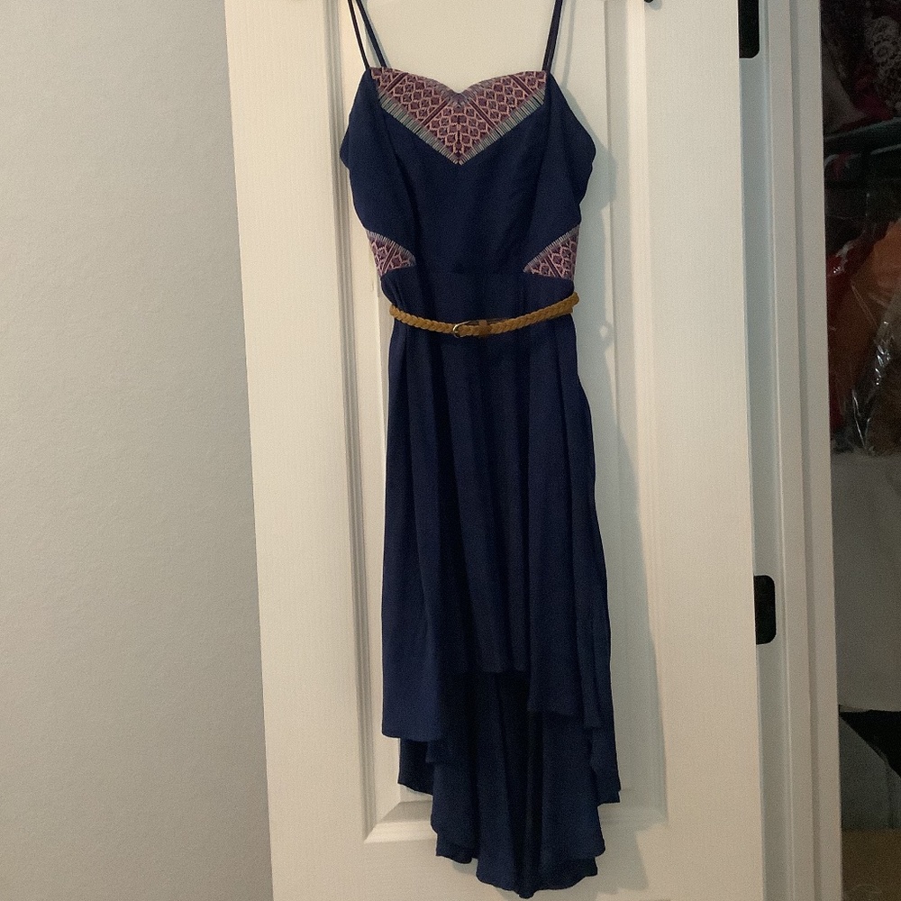 Navy high low dress with belt